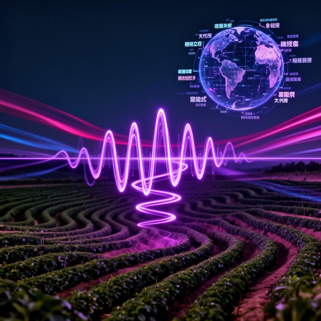 Voice AI waveform over a holographic field of crops at night