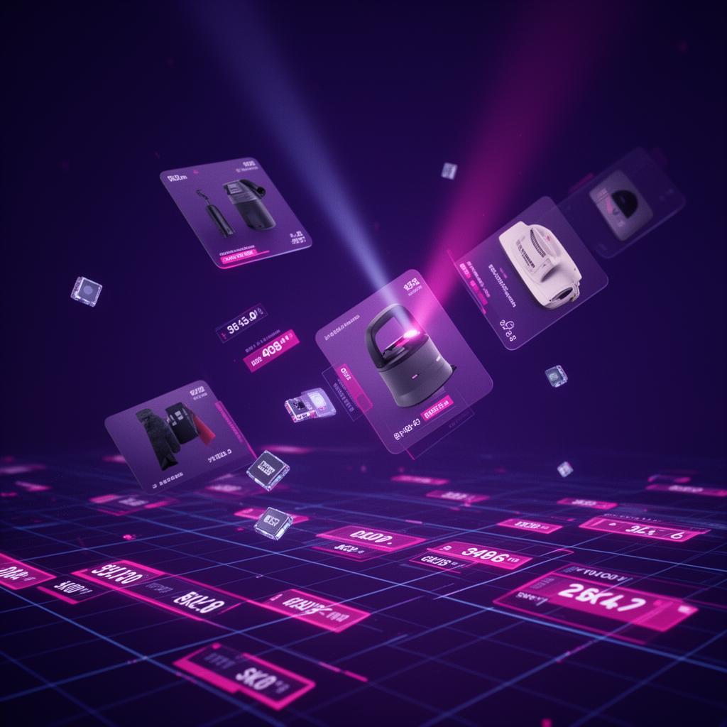 Holographic retail product cards floating over a violet SKU grid