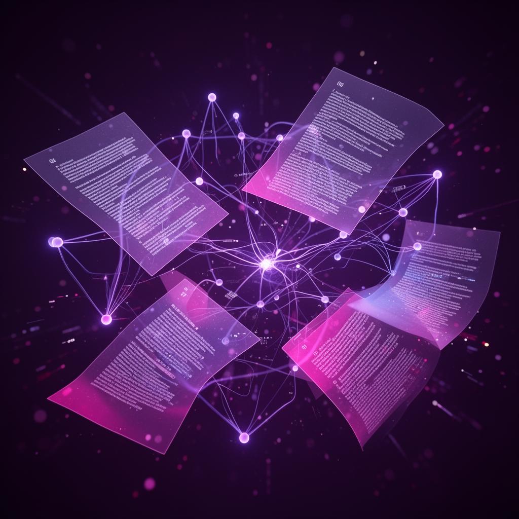 Floating violet documents connected by neural retrieval threads
